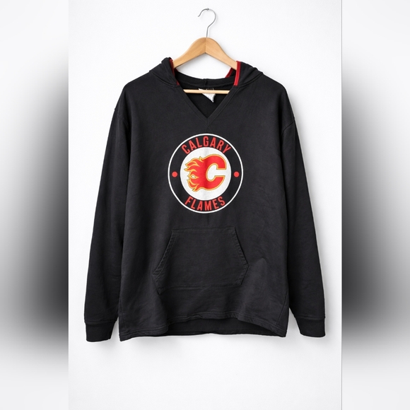 NHL Sweaters - NHL Calgary Flames Black and Red Crew Neck Hoodie